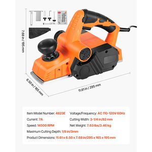 Cepilladora Eléctrica Manual de 3-1/4 Pulgadas de Ancho de Corte, 7 Amperios, 14500 RPM, con Cable, Profundidad de Corte Ajustable, Soporte de 2-1/4 Pulgadas - Product Image 5