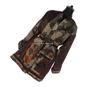 KS008 Hermoso Kimono Sari Vintage, Túnica Corta, Estampado Floral de Verano, Estilo Bohemio, Manga Larga, para Vacaciones - Product Image 1