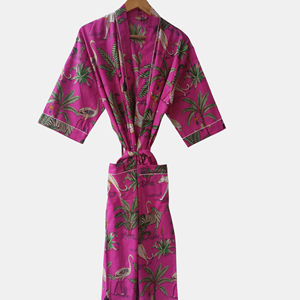 Kimono Artesanal con Estampado Exótico de Selva, 100% Algodón, Bata Larga de Manga Larga, Ropa de Dormir, Fabricante Mayorista, Bolsillos Delanteros - Product Image 1