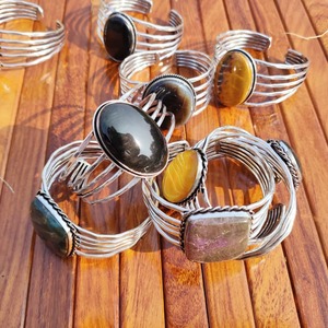 Multi Gemstone Agate Vintage Peace Design Silver Plated Unisex Cuff <b>Bangles</b> Yoga Stress Relief Mindfulness Party Wear Assorted - Product Image 3