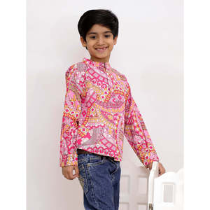 เสื้อคุรตาผ้าฝ้ายสำหรับเด็กผู้ชาย แขนยาว พิมพ์ลายทั้งตัว สีชมพู สำหรับใส่พักผ่อน - Product Image 6