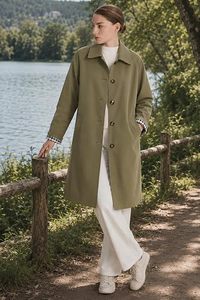 Gabardina Larga Verde Oliva para Mujer, Manga Larga, Cuello con Muescas, Cierre de Botones, Color Sólido, Algodón, Ropa de Abrigo para Otoño - Product Image 6
