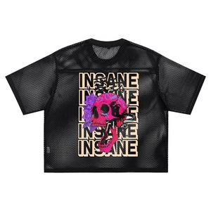 Camiseta Corta de Malla Desestructurada Negra Oversize Estilo Urbano Holgada Cuello Redondo Manga Corta Unisex Transpirable con Estampado Gráfico - Product Image 2