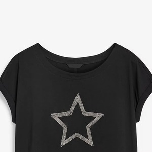 Women's Black Short Sleeve T-<b>Shirt</b> With Embroidered <b>Star</b> Design Scoop Neck Loose Fit Casual Jersey Fabric All Seasons - Product Image 4