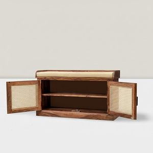 Sheesham Wood Shoe Rack with Cane Doors, Cushioned Top <b>Seat</b>, Honey Matt Lacquer Finish, 105x35x60 cm, Traditional - Product Image 4