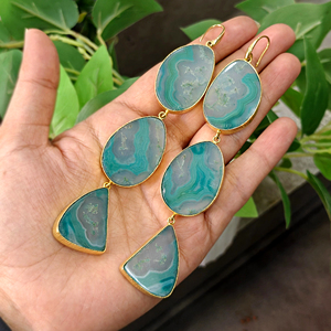 Classic freeform agate gemstone long <b>earrings</b> with handmade 18k gold plated bezel setting stone wholesale dangling <b>hook</b> jewelry - Product Image 2