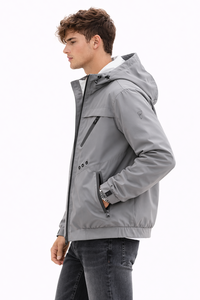 Men <b>Grey</b> Hooded Zip Up Utility <b>Jacket</b> Lightweight <b>Waterproof</b> with Adjustable Drawstring Hood Multiple Zipper Pockets - Product Image 2