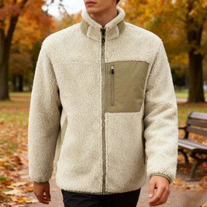 Chaqueta de lana para hombre con cuello alto, cremallera completa, para invierno, exterior, con bolsillos en contraste, corte regular, cálida, forro de sherpa, estilo casual - Product Image 5