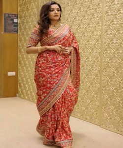 Trending Chinon Silk Digital Print Saree Mirror Handwork Unstitched Blouse ST-0129 85307 Women Party Wedding Wear Indian Fashion - Product Image 1