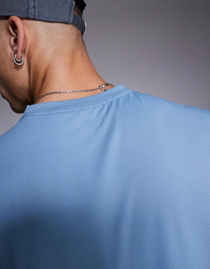 Ensemble T-shirt et short pour homme, coupe ajustée, 100% coton, tissu mesh imprimé, contraste, bleu ciel uni, séchage rapide, respirant - Product Image 2