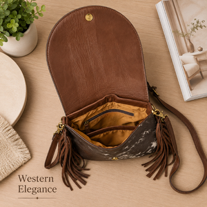 Sac bandoulière artisanal en cuir de vachette à poils, style western, motif floral, avec franges vintage, sac messager pour femme - Product Image 3