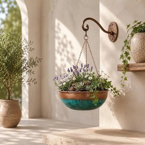 Moradaband Art Metal Ware – Pots de fleurs suspendus en fer durable, émaillés bleu sarcelle, minimalistes, circulaires, bicolores, pour l'extérieur - Product Image 3