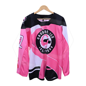 Camiseta de Hockey sobre Hielo Personalizada al por Mayor para Hombre, Color Rosa, Blanco y Negro, Impresión por Sublimación, Transpirable, de Poliéster, Manga Larga, Uniforme de Equipo para Adultos - Product Image 1