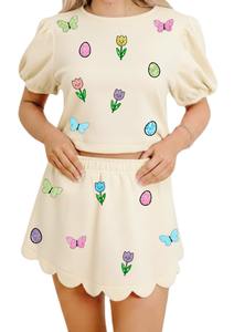 Offre Spéciale – Ensemble 2 Pièces en Coton Respirant pour Femme, Brodé de Paillettes, Patchwork, Manches Longues, Haut Court au-dessus du Genou, Idéal pour l'Été - Product Image 2