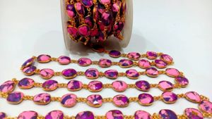 Natural Mohave Pink Calcite Purple <b>Copper</b> Turquoise 12-15mm Bezel <b>chain</b> - Product Image 2