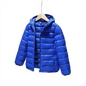 Men's Blue Hooded Puffer <b>Jacket</b> Zipper Closure Windproof Casual Autumn Wear Polyester Wadding Filling Stand Solid Color Front - Product Image 2
