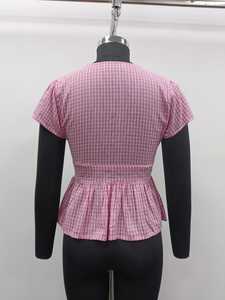Top Peplum Rosa a Cuadros de Manga Corta con Cuello en V y Bordado, Transpirable, 100% Algodón, Cintura Natural, Casual Diario, Primavera/Verano - Product Image 2