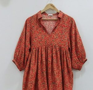 Vestido Túnica Midi Hecho a Mano en India 100% Algodón para Mujer |   Ropa Formal de Oficina Ecológica y Transpirable, Corte en A, Cuello en V, Manga Abullonada, Estampado Floral - Product Image 3