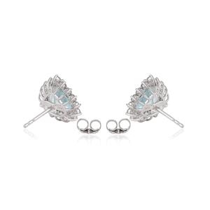 Boucles d'oreilles luxueuses en or blanc 18 carats pur, serties d'aquamarine et de diamants taille trillion, 100 % authentiques, pour femme - Product Image 6