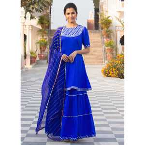 Ensemble kurta et jupe courte en tissu mousseline de soie Mukta taille XS, couleur bleu chaud - Product Image 5