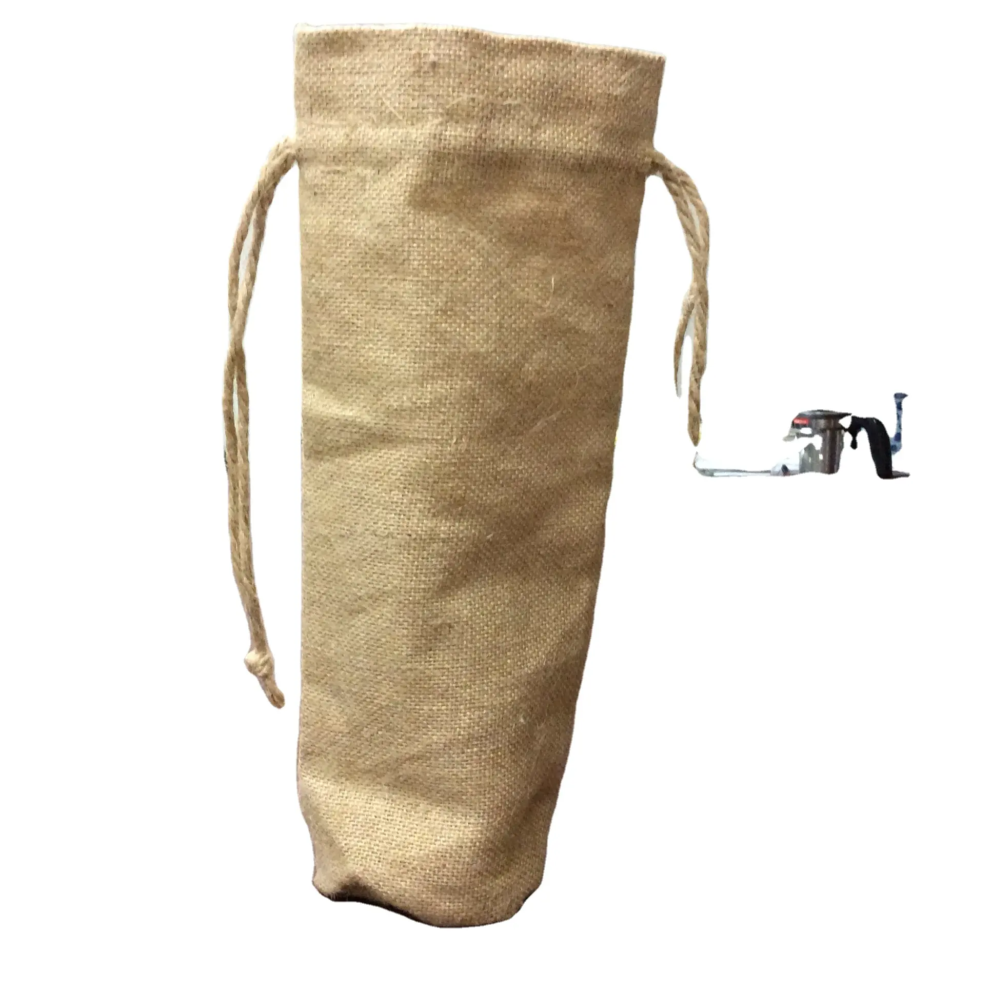 Sac fourre-tout en jute naturelle pour bouteille de vin avec de longues poignées en corde