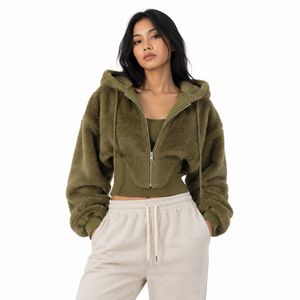 High Quality Custom Logo Faux <b>Fur</b> Zip-Up Crop <b>Top</b> Oversized Casual Hooded Sweatshirt Unisex Winter Wear Men's Hoodies Supplier - Product Image 1
