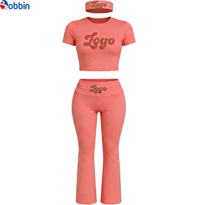 Customized Custom Logo Women 3 Piece Set High Waist Flare Pants and <b>Crop</b> <b>Top</b> with Headband Athleisure Yoga Workout Tracksuit - Product Image 5
