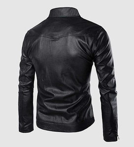 Blouson moto en cuir noir slim fit pour homme, col montant, fermeture éclair, manches classiques, couleur unie, idéal pour l'automne – Modèle très demandé - Product Image 2