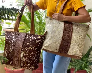 New Arrival Hand Tooled Carving <b>Handbag</b> Tote Bag Real Cowhide Fur Leather Bag <b>Big</b> Size Bags Great Collection Of Ladies Purse - Product Image 3