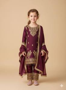 Costume pakistanais brodé marron pour filles, tenue de mariage Eid, 3 pièces, salwar kameez avec dupatta - Product Image 1