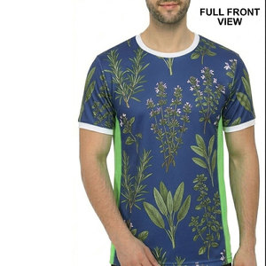 Camiseta de Manga Corta con Estampado Floral, Cuello Redondo, Corte Regular, Transpirable, Estilo Casual, Azul con Detalles Verdes para Hombre - Product Image 1