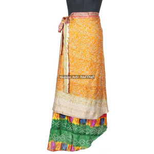 New <b>Beach</b> Wear Vintage Silk <b>Magic</b> Long Length Wrap Skirt Women Wear Vintage Silk Sari Long Length Wrap Around Skirt 2 Layer - Product Image 5