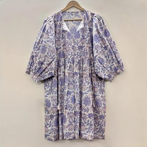 Robe midi décontractée pour femme, toutes saisons, en coton tissé 100%, unie, à manches courtes, taille empire, style babydoll, coupe ample, col en V - Product Image 1