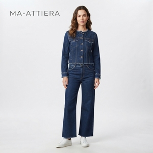 Conjunto de Chaqueta Vaquera Azul Oscuro y Jeans de Pierna Ancha para Mujer, Conjunto Casual de Dos Piezas, Ropa Vaquera a la Moda - Product Image 1