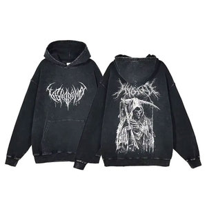 Sudadera con Capucha Gótica para Hombre, Talla Grande, Negra, de Algodón French Terry, con Diseño Estampado de la Muerte, Bolsillo Delantero, Estilo Otoñal - Product Image 1