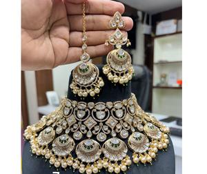 Ensemble collier et boucles d'oreilles Kundan plaqué or de qualité supérieure, avec tikka, pour mariage, bijoux de mariée pour femmes - Product Image 2