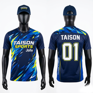 Maillot de badminton pour homme 170 GSM en polyester tricoté à séchage rapide, bleu marine et jaune, avec empiècements graphiques vifs, personnalisable par sublimation avec nom et logo - Product Image 1