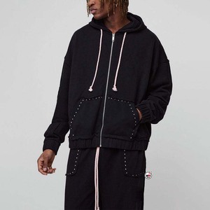 Conjunto Deportivo Unisex Negro de Manga Larga con Cierre de Cremallera, Color Sólido, Corte Holgado con Bolsillos Laterales, Pantalones y Sudadera con Capucha para Otoño, Ropa Deportiva para Exteriores - Product Image 3