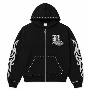 Sweat à capuche zippé sur mesure pour homme, de qualité supérieure, imprimé strass, effet délavé vintage, style streetwear en molleton. - Product Image 6