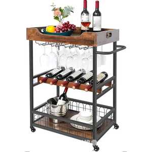 Industrial 3-Tier Bar Cart with Removable Wood Tray Mobile <b>Serving</b> <b>Trolley</b> Wine Rack and Glass Holder for Dining Room Decor - Product Image 4