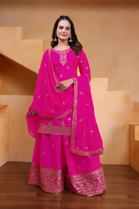 Vichitra Blooming <b>Sequin</b> Embroidered Top With <b>Flared</b> Palazzo And Dupatta Women Three Piece Festive Salwar Suit Set - Product Image 6