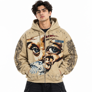 Sweat-shirt à capuche surdimensionné beige personnalisé pour homme, avec fermeture éclair, imprimé graphique vintage, style streetwear décontracté - Product Image 1