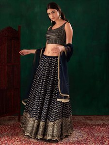 Black Embossed Square Neck Sleeveless Women's Lehenga Choli and <b>Skirt</b> Set for Diwali Spring Wedding Party Occasions - Product Image 4