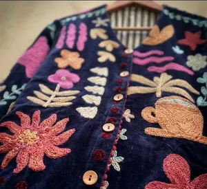 Luxury Navy Blue <b>Velvet</b> Suzani Embroidered <b>Jacket</b> with Floral Print Full Sleeve V-Neck Handmade Bohemian <b>Women's</b> Winter Coat - Product Image 5