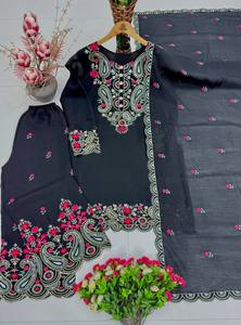 Exclusive Trendy Wedding Diwali Salwar Kameez Set Sequence Embroidery Stretchable Wrinkle-Free Top Plazzo Dupatta Roman <b>Silk</b> - Product Image 4