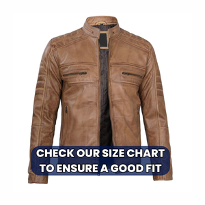 Chaqueta de Motociclista de Cuero Genuino Marrón para Hombre, Cuello Alto, Cierre de Cremallera, Color Sólido, para Otoño, Corte Regular - Product Image 1