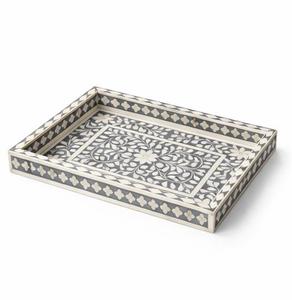 Bandeja Rectangular de Lujo Hecha a Mano con Incrustaciones de Hueso Ecológicas y Diseño Floral en Gris y Blanco Multiusos - Product Image 2