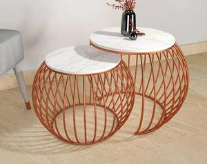 Ensemble de tables basses gigognes rondes modernes en métal – Plateau en marbre blanc et base en cuivre |   Ensemble table basse et table d'appoint pour salon - Product Image 1