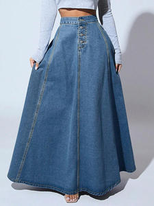 Jupe longue en jean taille haute pour femme, coupe trapèze, boutonnée, unie, décontractée, longueur ras du sol - Product Image 5