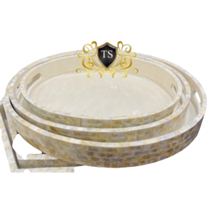 Bandeja Redonda de Nácar Hecha a Mano y Personalizada con Diseño Floral Azul, Artesanía India, Incrustaciones de Madera y Nácar, Utensilios de Cocina - Product Image 2